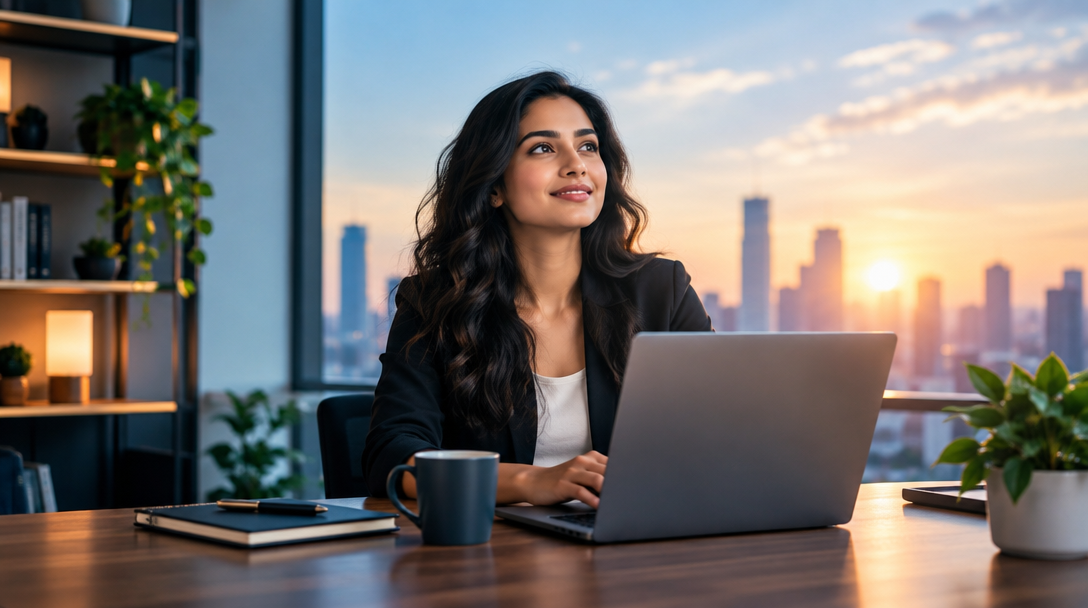 Professional working at a laptop in a bright workspace