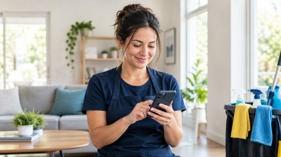 Cleaner checking a phone between jobs