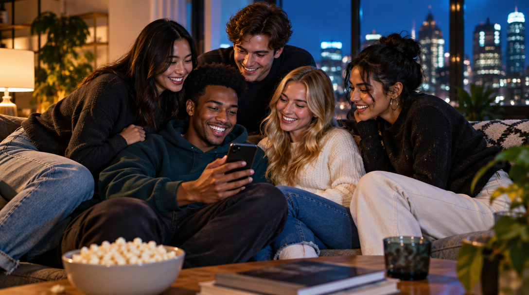 Friends laughing together as they look at a phone