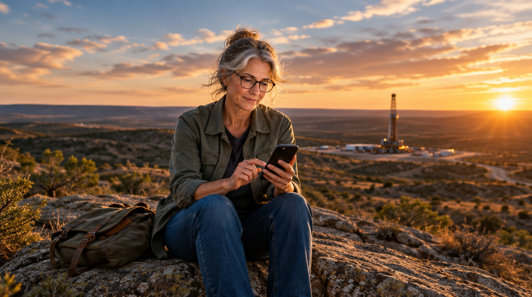 Mineral owner reviewing her royalty statement at sunset in oil country