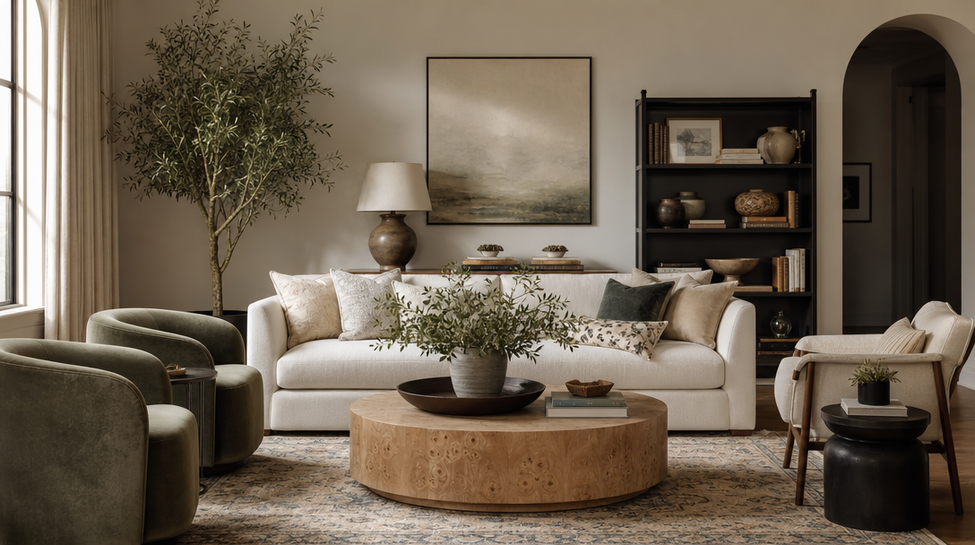 A warm, layered living room in the Ivory Elm visual style
