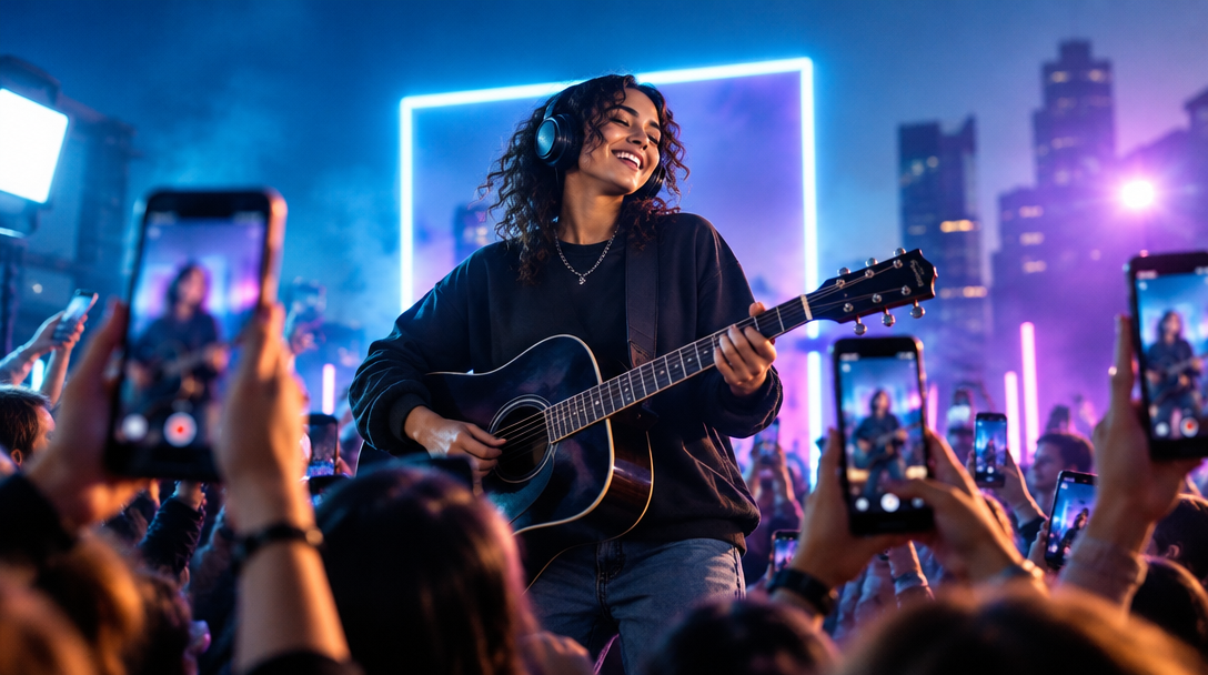 An independent musician performing as fans record and share the moment