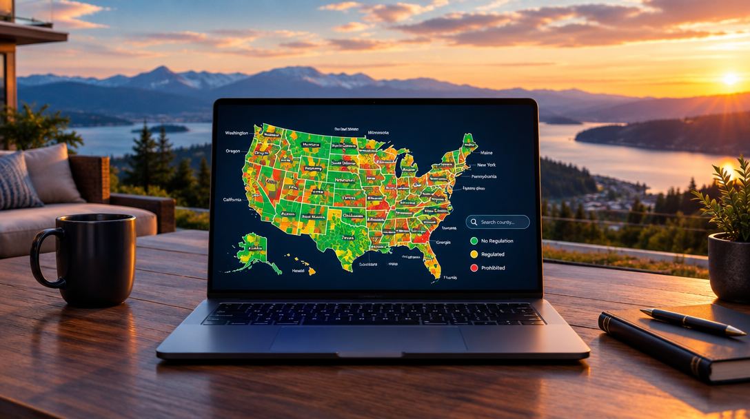 Illustrative short-term rental county research map on a laptop at a mountain property