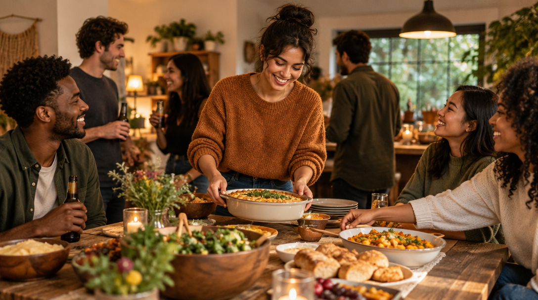 Friends bringing a warm dish to a shared table filled with food