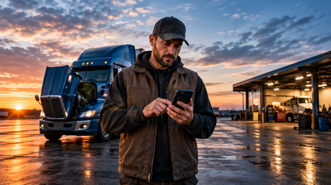 A truck driver checks a phone between a truck and a repair shop at dusk