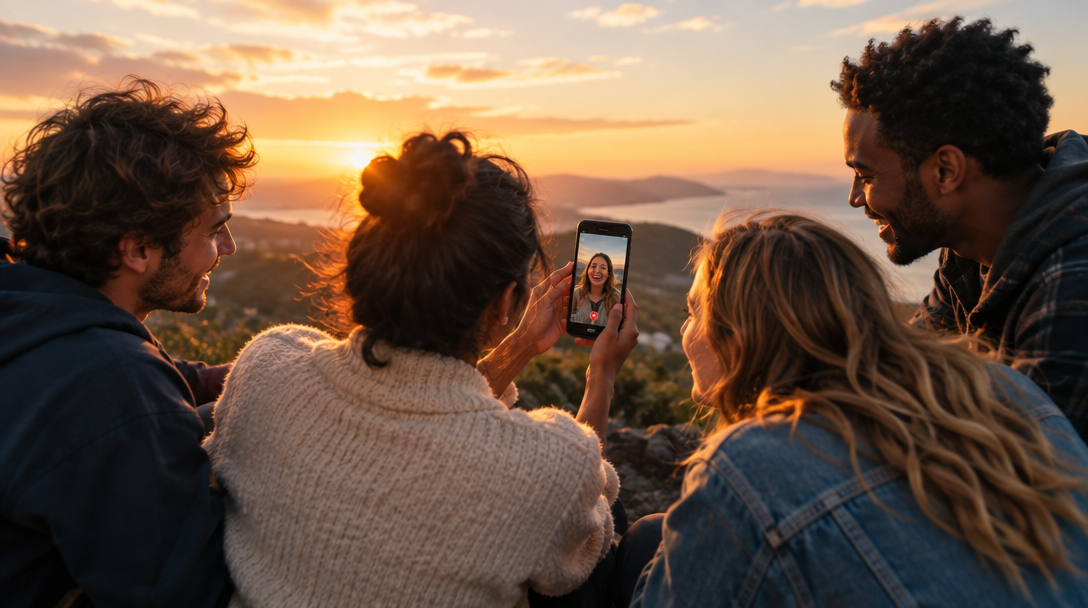 Friends recording a heartfelt video message together at sunset