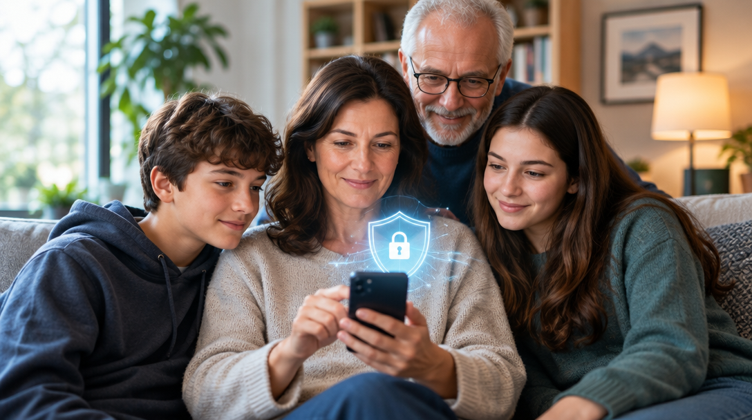 A family reviewing a message together