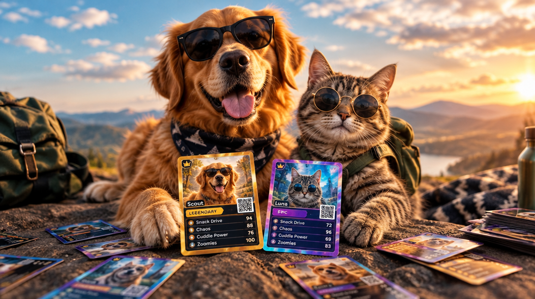 A golden retriever and tabby cat wearing sunglasses beside playful example pet trading cards