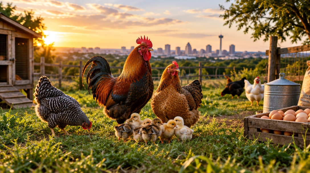Chickens and chicks in a backyard setting