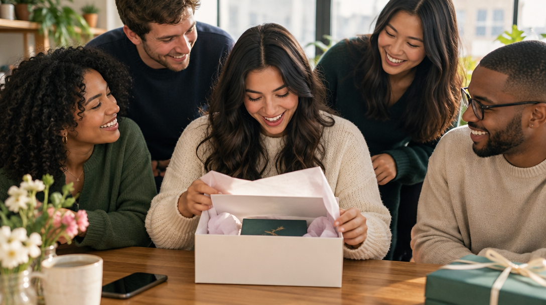 Friends gathering around a thoughtful gift at a sunlit table