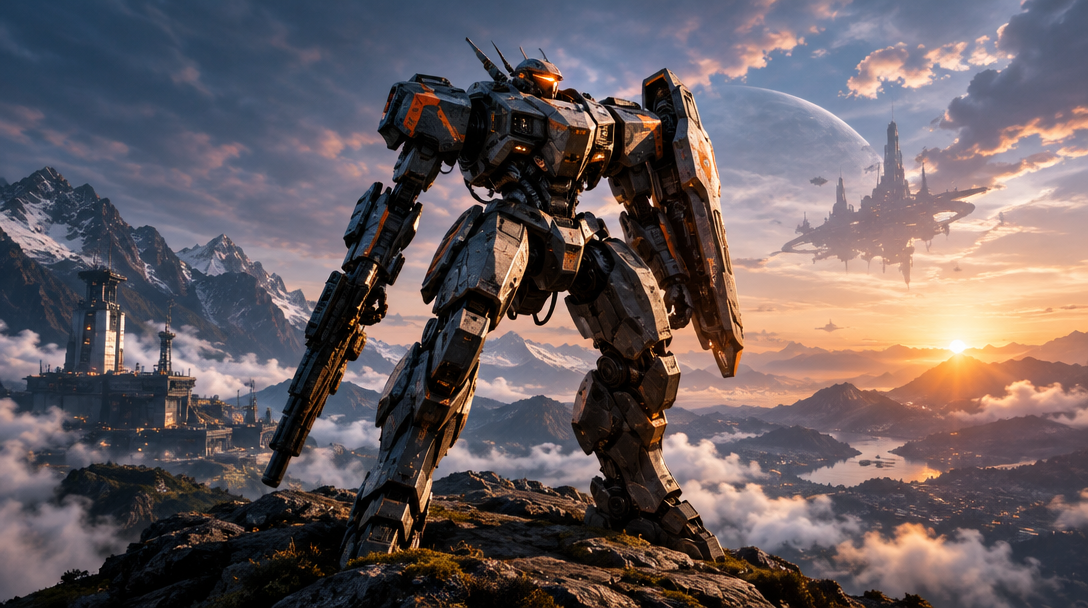 Concept art of an armored mech overlooking a settlement at sunset
