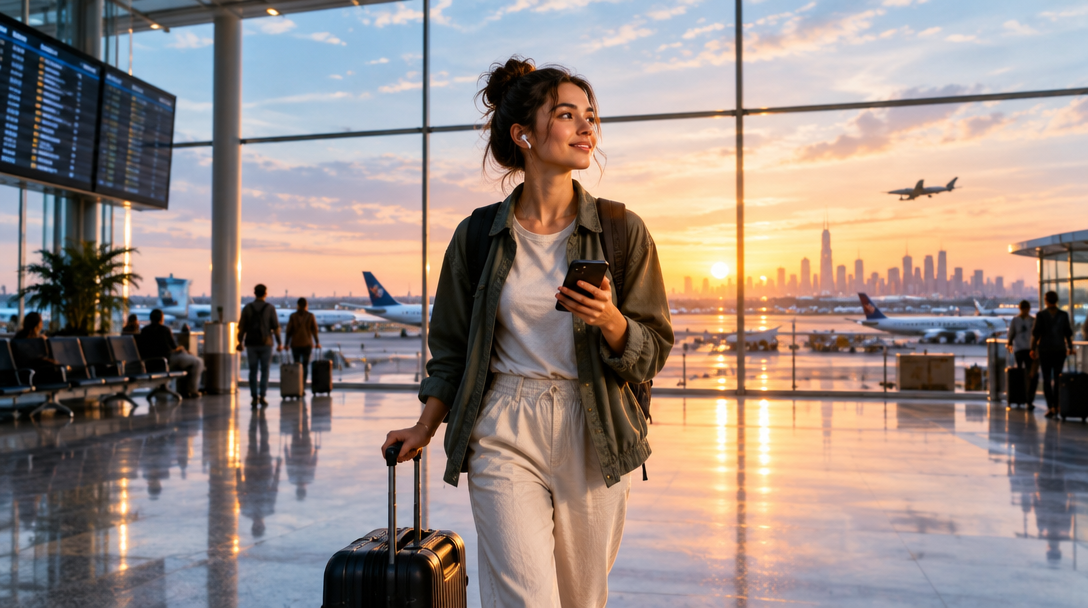 A traveler at an airport watching the sunset over the city