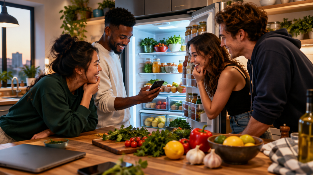 Friends sharing a fridge photo as they gather ingredients for dinner