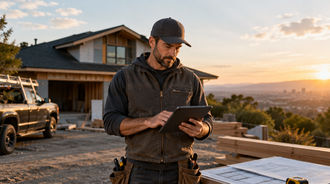 Residential contractor reviewing plans at a home construction site