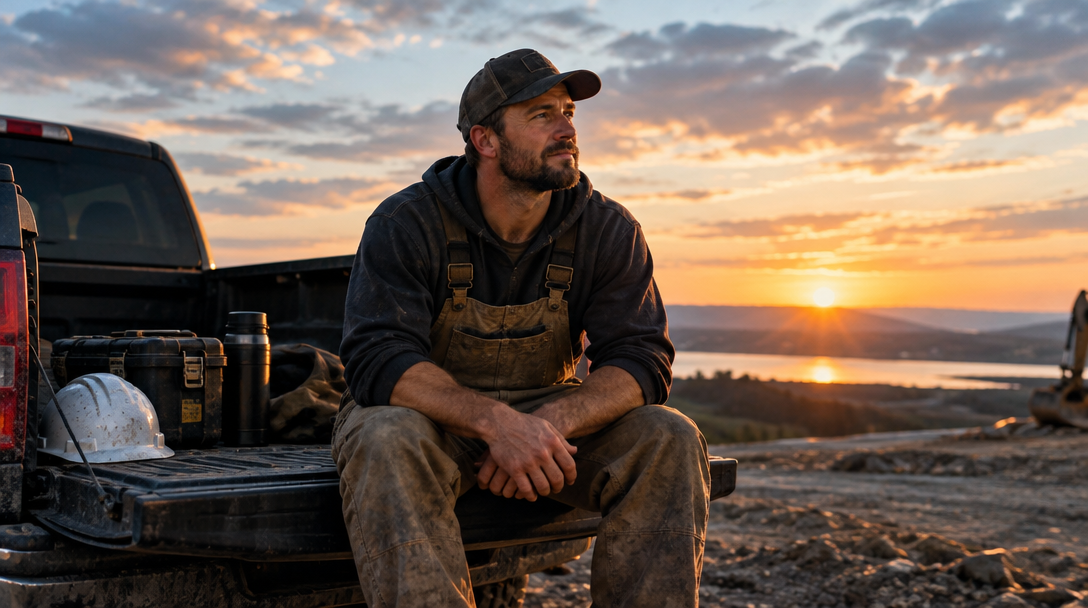 A construction worker taking a break beside his truck at sunset