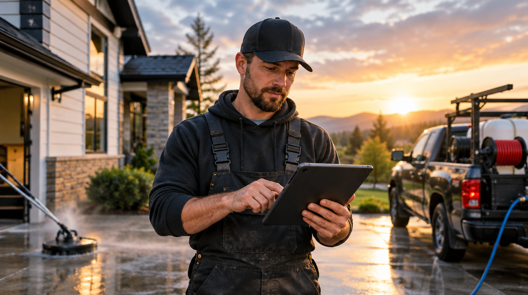Exterior-cleaning contractor reviewing a job estimate at a pressure-washing site