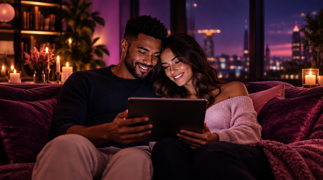 A couple sharing a quiet date night with a tablet in a candlelit lounge