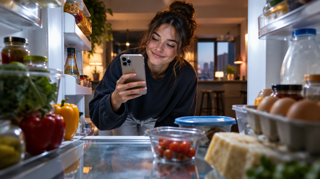 A home cook taking a photo of ingredients inside her fridge