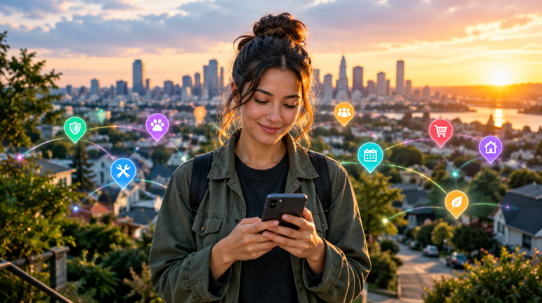 A neighbor checks their phone above a city at sunset, surrounded by local signal pins.
