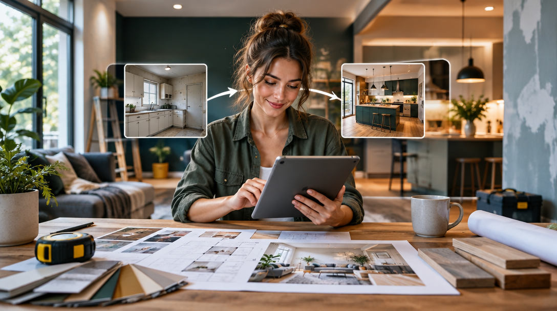 A homeowner reviewing a room makeover concept and project plans