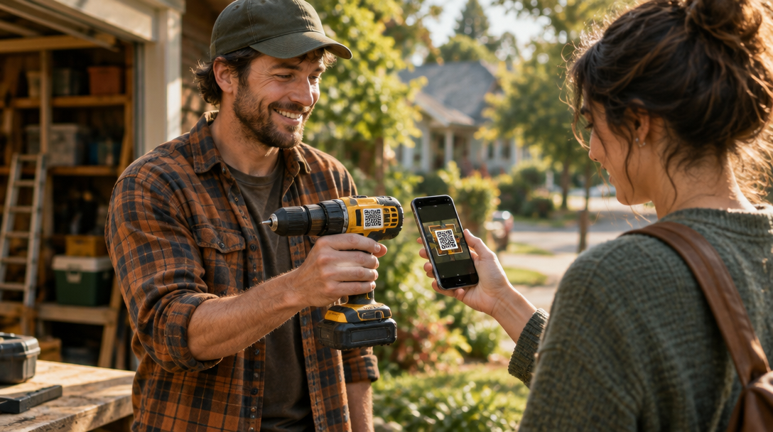 A neighbor uses a phone to scan a Borrowly sticker on a drill