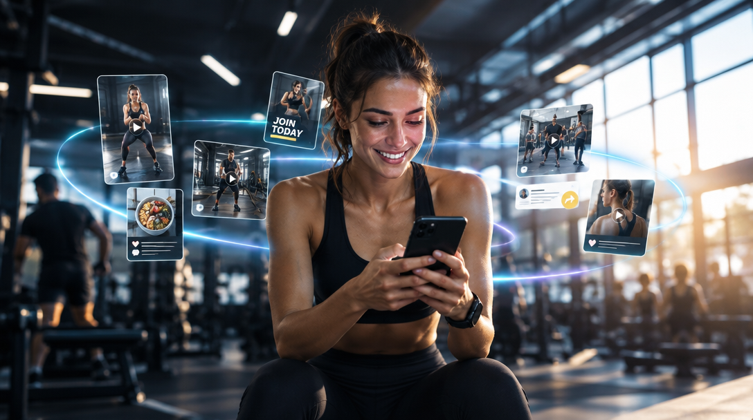 Fitness campaign concept: a gym owner with her phone, surrounded by example social content