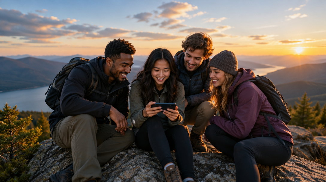 Friends gathered around a phone on a mountain trail at sunset