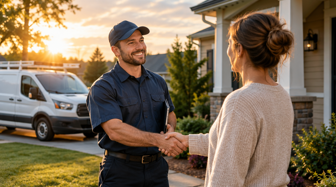 A residential service technician greeting a homeowner beside a service van