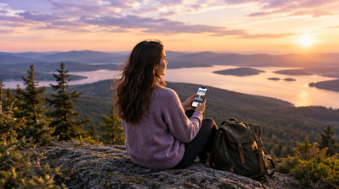 A quiet moment overlooking a lake and mountains at sunset