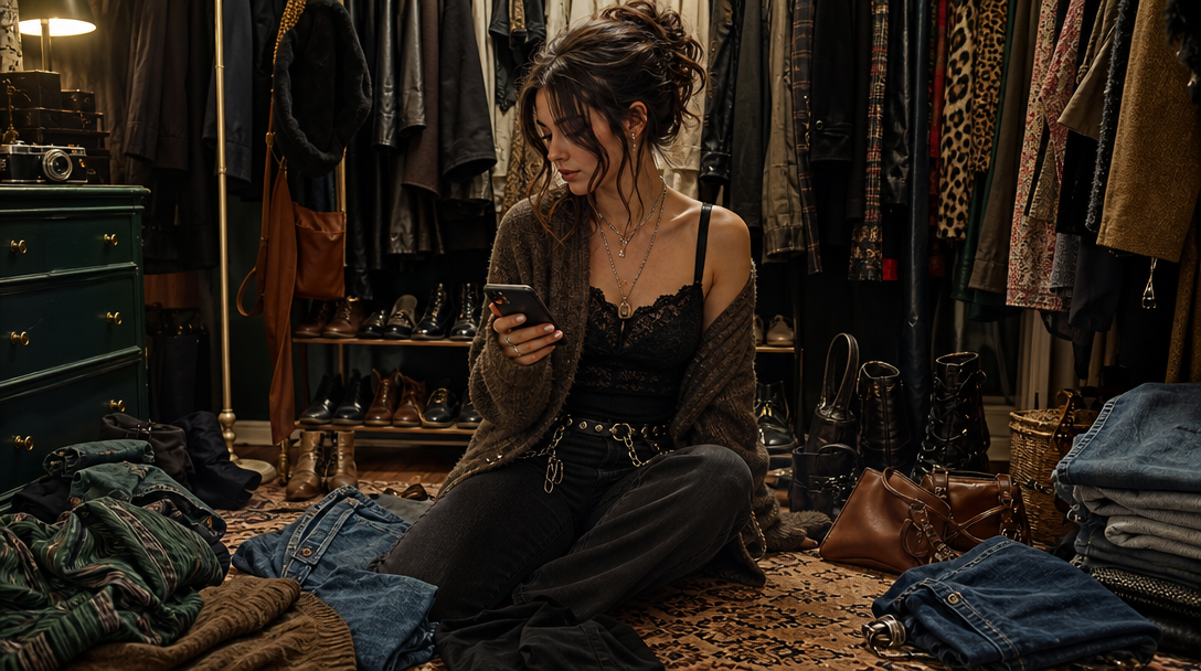 Adult woman in a dark outfit, shown in a ClosetCode campaign photograph.