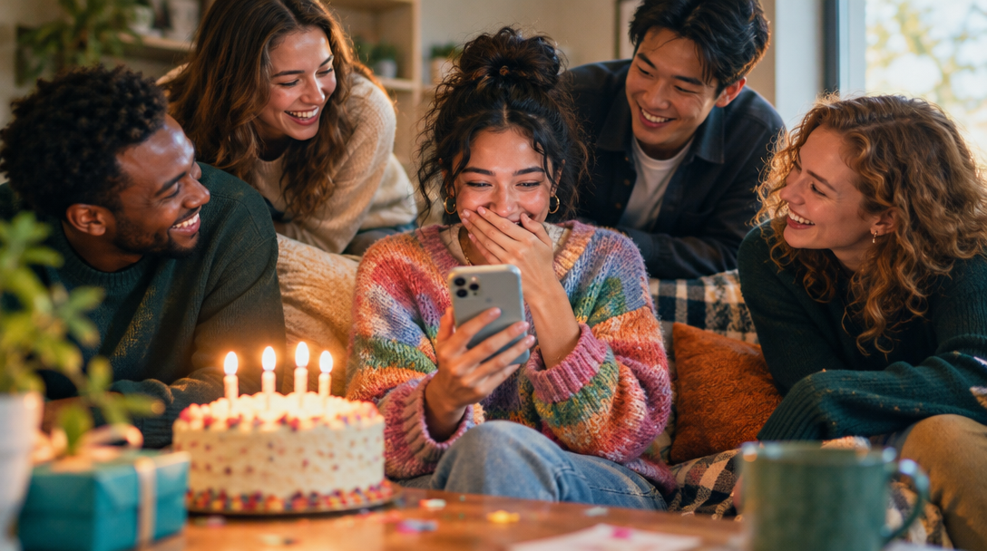 Friends laughing together over a birthday surprise