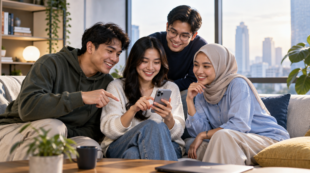 Four friends gathered around a phone, sharing a moment together