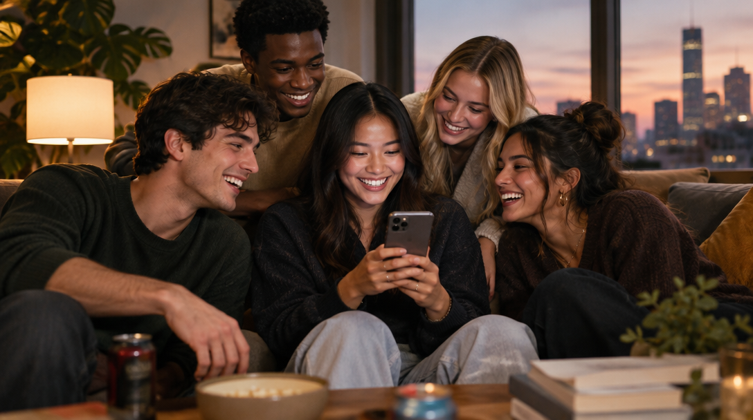Friends laughing together over a phone at sunset