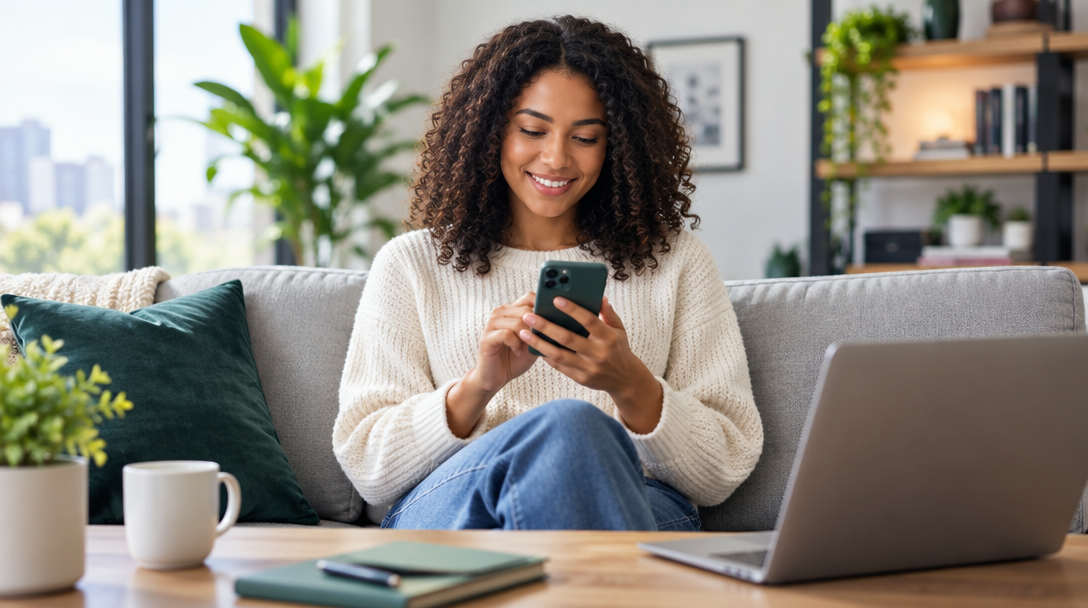 A woman reviewing her budget on a phone at home