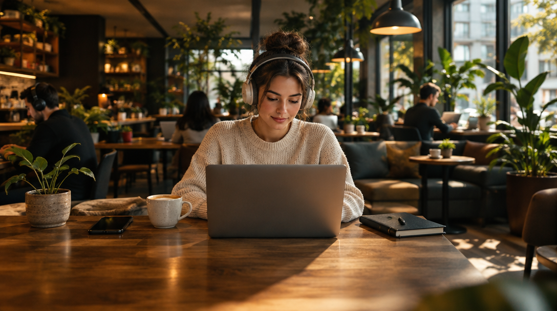 A remote worker settling in at a warmly lit café