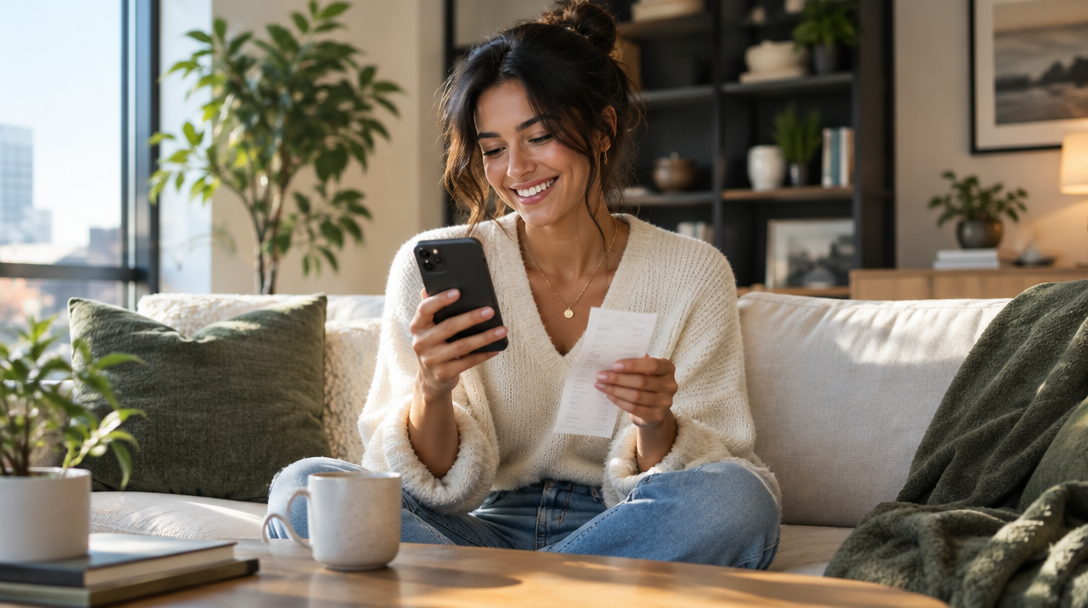 A shopper checking a paper receipt on her phone at home