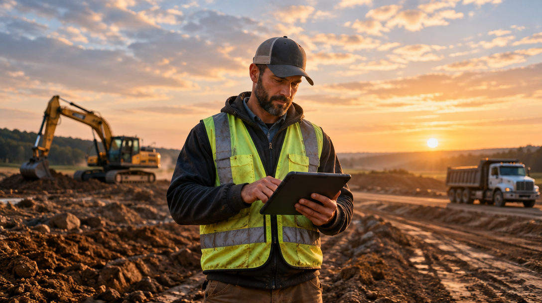 A foreman records jobsite details with an excavator and haul truck at work behind him