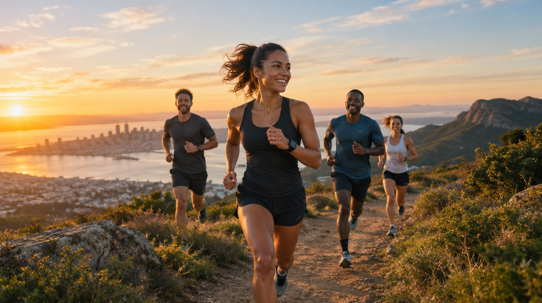 A group of runners moving together along a coastal trail at sunrise