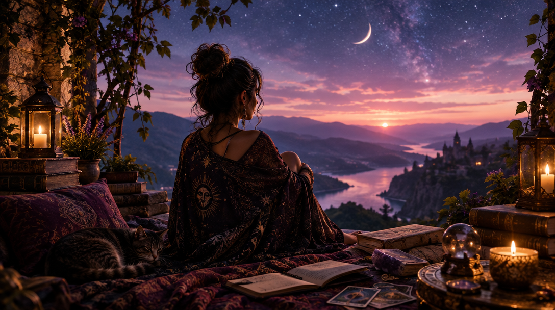A woman journals beside an open book as the moon rises over a lake