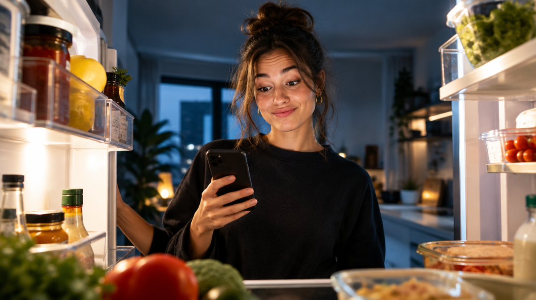 A smiling person taking a photo of their open fridge