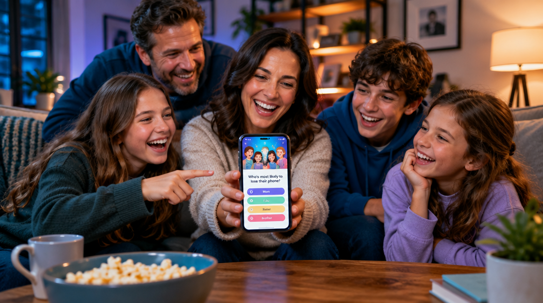 A family laughing together as they play a personalized game night round