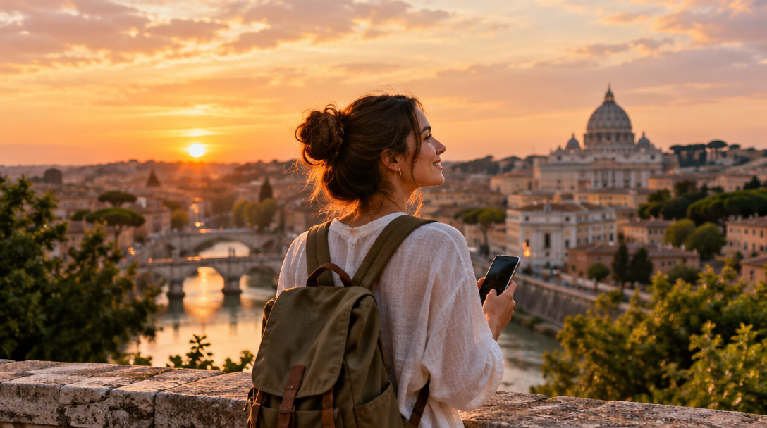 Traveler looking out over Rome at sunset