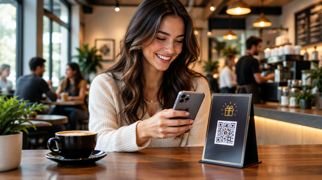 A customer scans a PerkPop reward QR code at a neighborhood cafe
