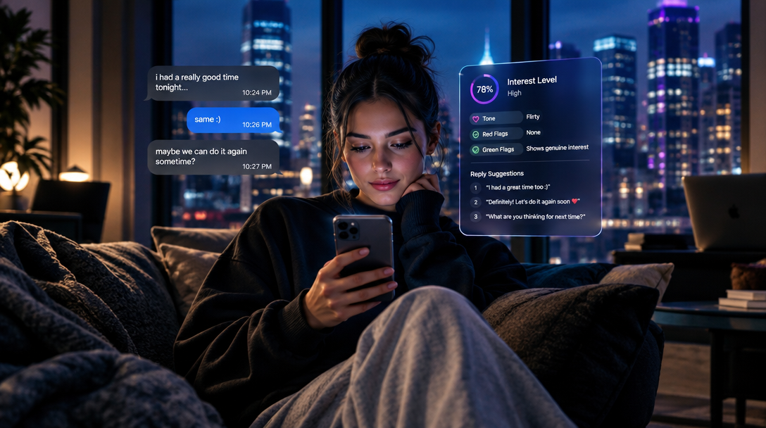 A person reading a text conversation with an example Subtext analysis