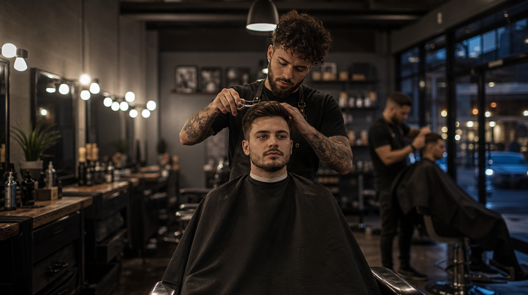Barber preparing a client for a reveal