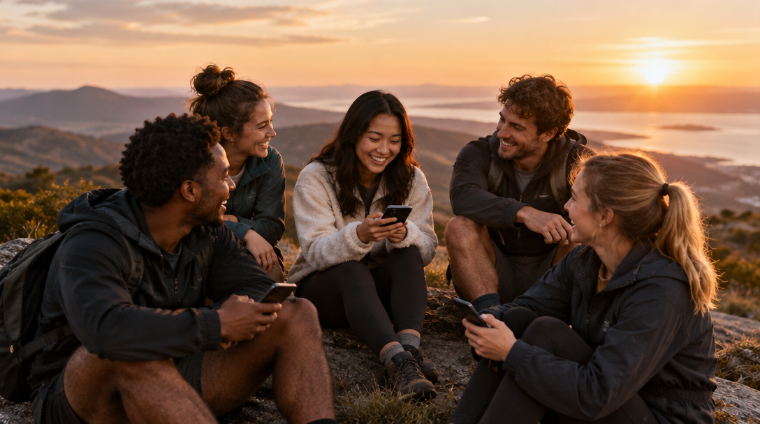 Five people sharing a moment together on a mountain at sunrise
