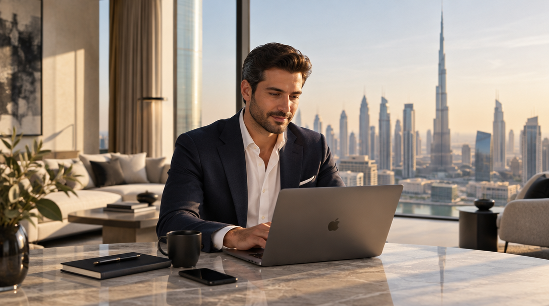 Illustrative Dubai skyline and residence, shown as campaign concept art