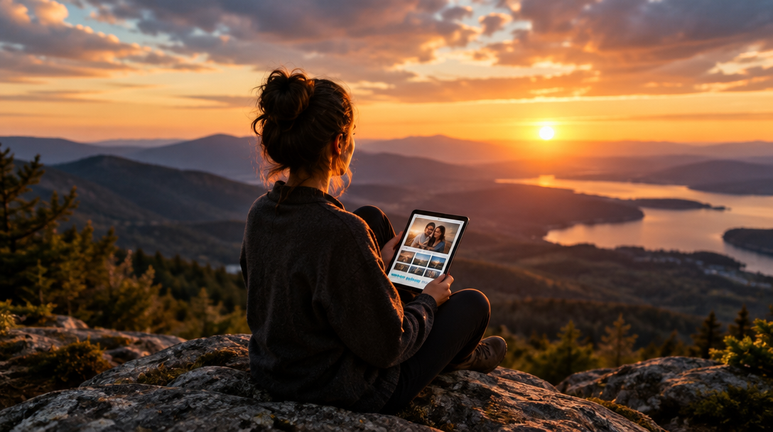 A quiet moment overlooking a lake and mountains at sunset