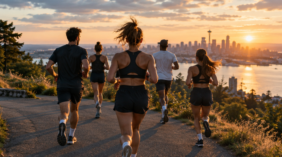 A run club running together along a city waterfront at sunset