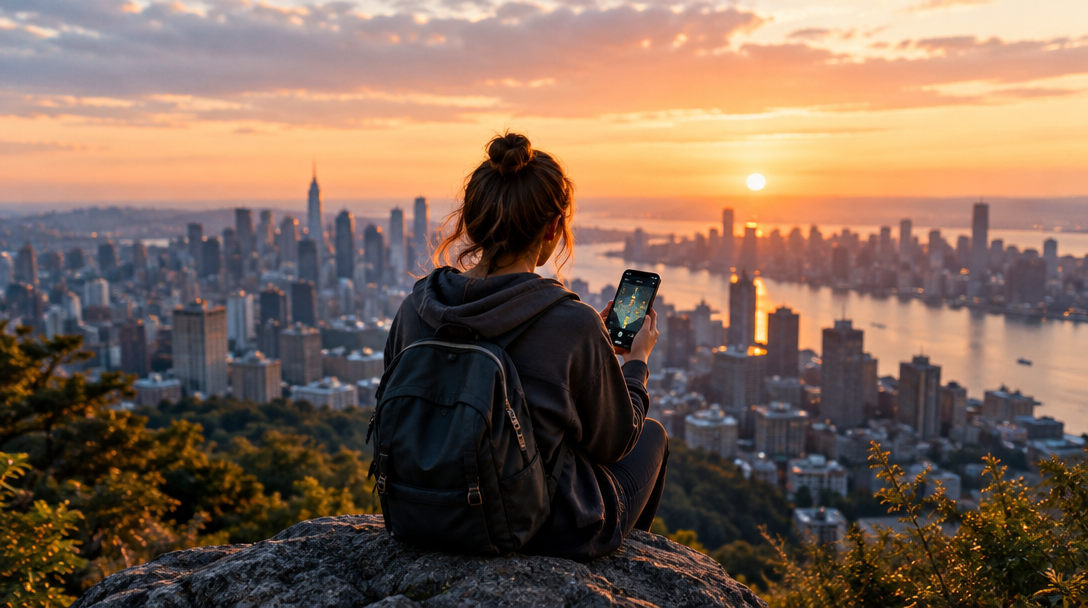 A local explorer looks out over the city with her map open